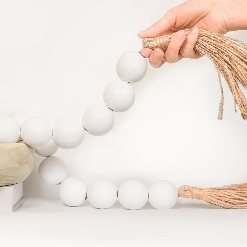 RUIRUICO Extra Large Wood Bead Garland with 1.6"" Diameter Wooden Beads and Tassels, Decorative Beads Home Decor, Farmhouse Beads Decor (White, 58 Inches) - Image 1